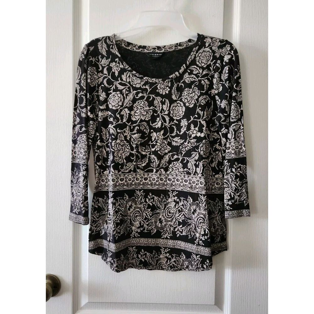 Lucky Brand Women's Floral Top Round Neck 3/4 Sleeve Cotton Blend Black Size S‎